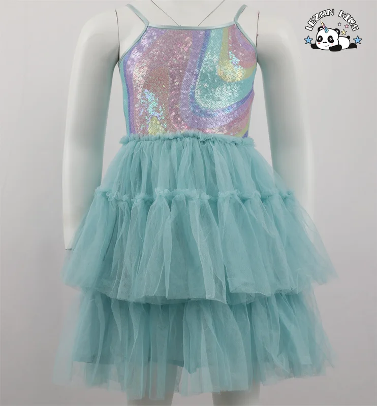 LEZONKIDS - 2024 New Fashion Summer Sequin Patches Camisole Dress Cake Daily Dress for 2 to 14 Years Kids Clothing